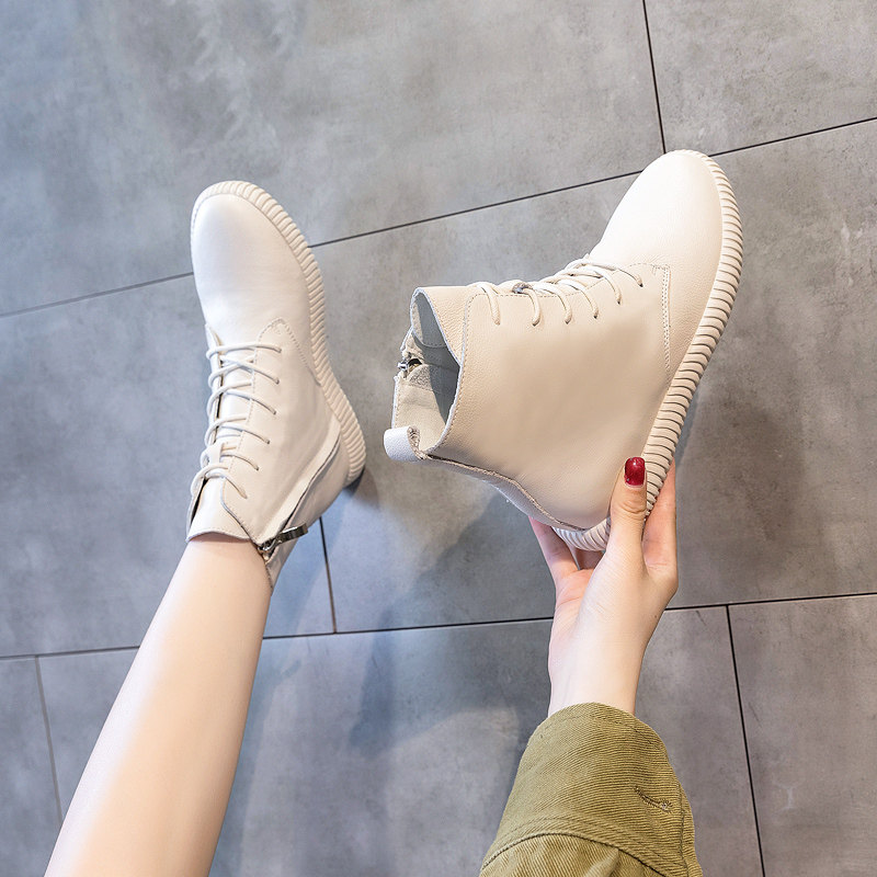 Leather Flat Short Boots Women's Spring and Autumn Single Boots Casual Beige Boots Women's Boots Top Layer Leather Soft Sole Soft Leather Martin Boots