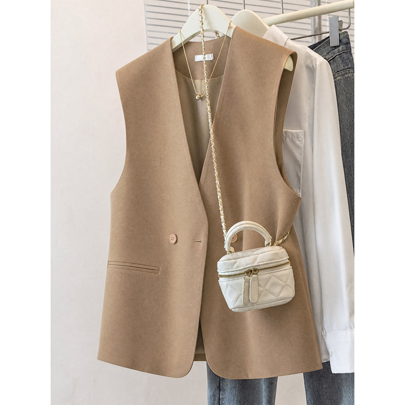 High-End Camel-Colored Sleeveless Vest for Women, Solid Color V-Neck, Two-Button, Structured Suit Fabric, Slimming Outerwear Jacket