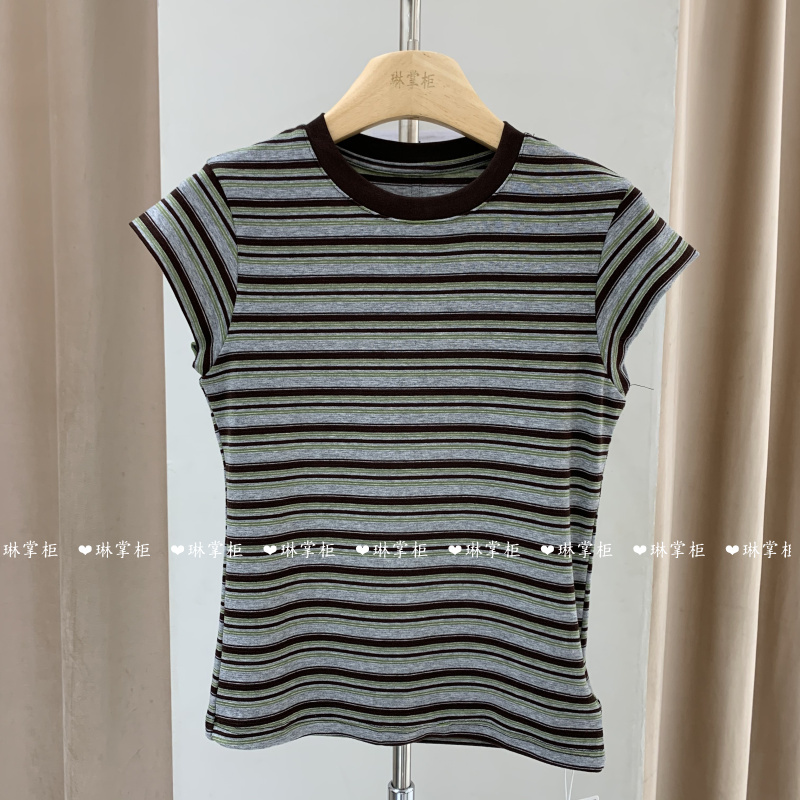 Contrast Color Stripe Design Short-Sleeve T-Shirt for Women, 2026 Summer New Style, Slim Fit, Round Neck, High-End Feel, Pure Desire Top