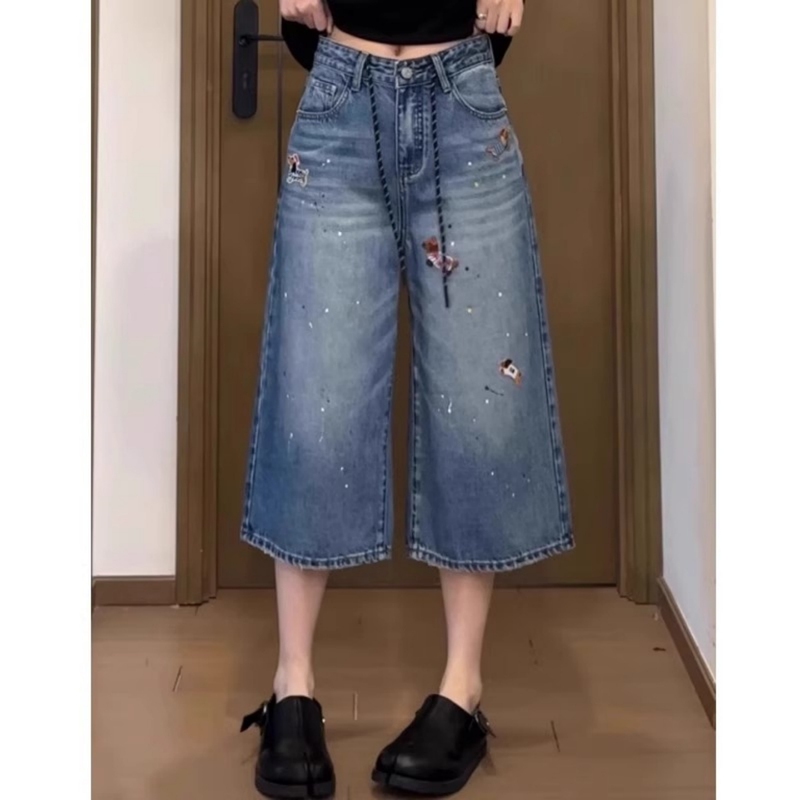 American Retro Cropped Pants for Women, Spring and Summer New Style, Plus Size, Pear-Shaped Body, Straight Wide-Leg Loose Jeans