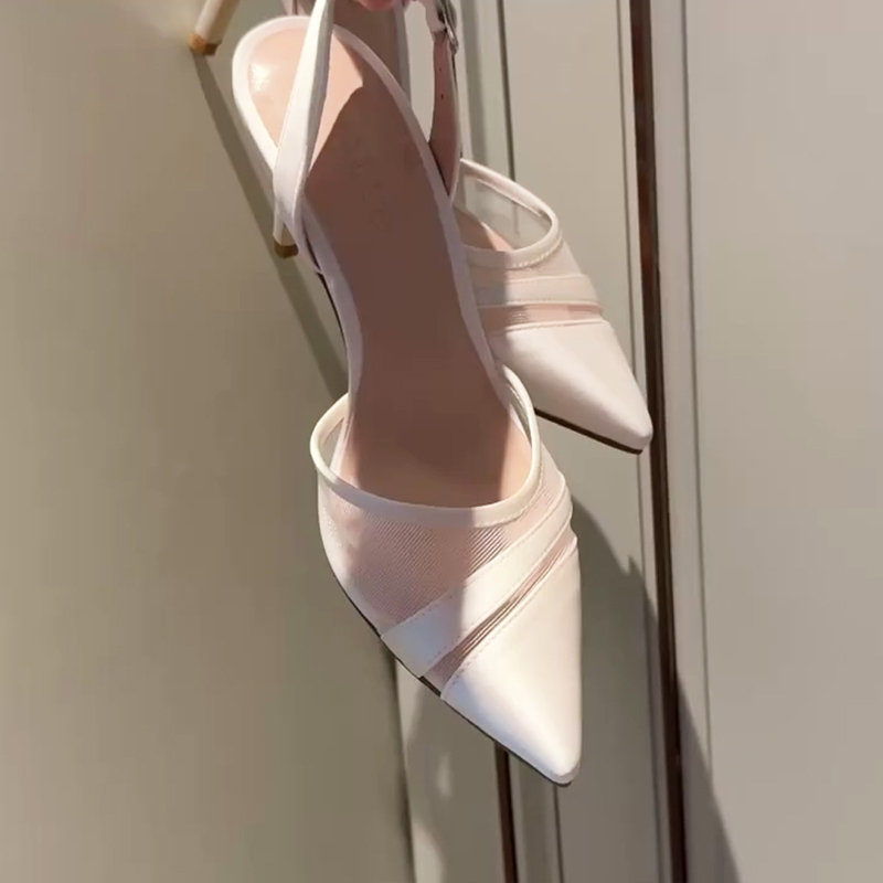 Ready to Ship~ White Moonlight Pointed Toe Stiletto High Heels for Women, Summer White Mesh Splicing Silk Closed-Toe Sandals for Women