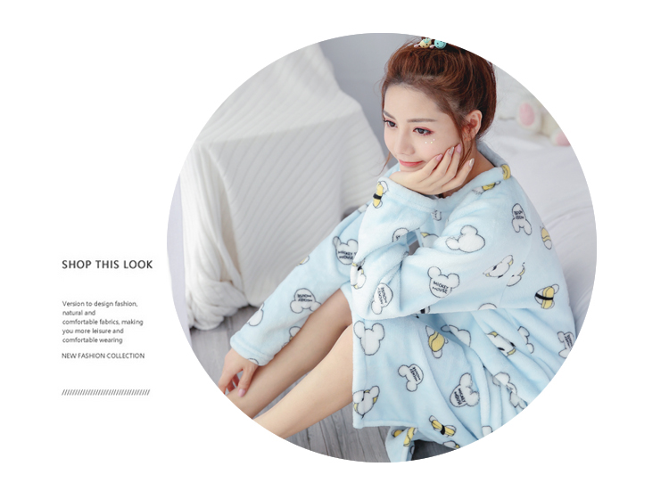 Bộ đồ ngủ flannel dài tay mùa thu và mùa đông dài gợi cảm mùa thu ngọt ngào và đáng yêu đầm nữ de thương