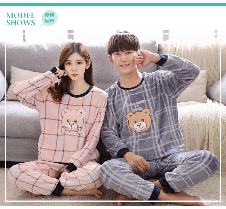 Winter Flannel Cặp đôi đồ ngủ dài tay Kích thước lớn Mùa đông San hô lông cừu mặc nhà dễ thương Đàn ông và phụ nữ đồ lót nam đẹp
