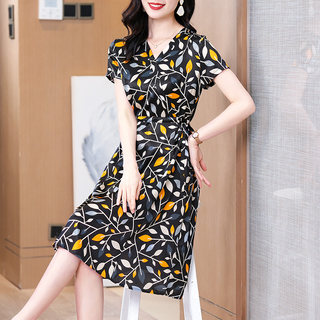 高档大牌重磅真丝连衣裙精致印花小个子显高显瘦洋气桑蚕丝裙子女