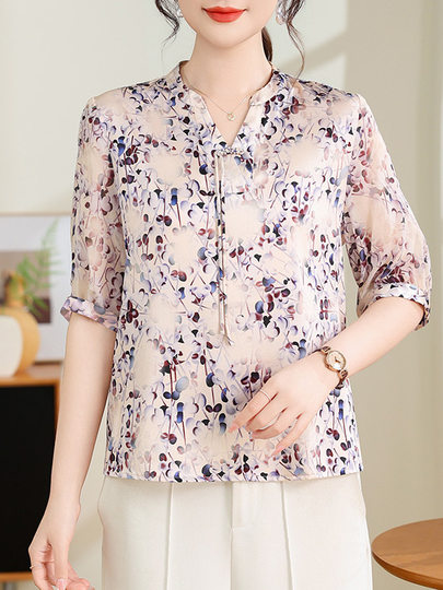 杭州减龄重磅真丝衬衫女2025夏季新款短袖印花时尚百搭桑蚕丝上衣
