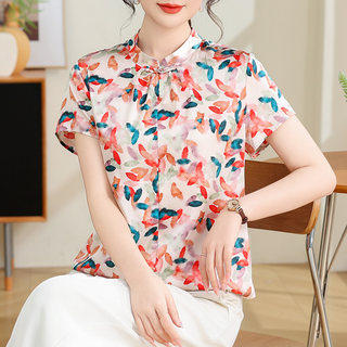重磅真丝衬衫女短袖夏新款修身旗袍款印花缎面桑蚕丝上衣复古立领