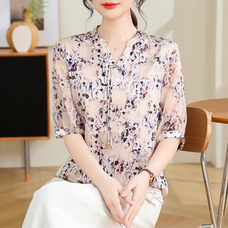 杭州减龄重磅真丝衬衫女2025夏季新款短袖印花时尚百搭桑蚕丝上衣