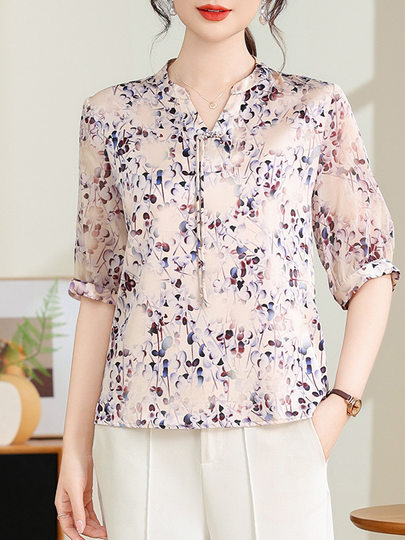 杭州减龄重磅真丝衬衫女2025夏季新款短袖印花时尚百搭桑蚕丝上衣