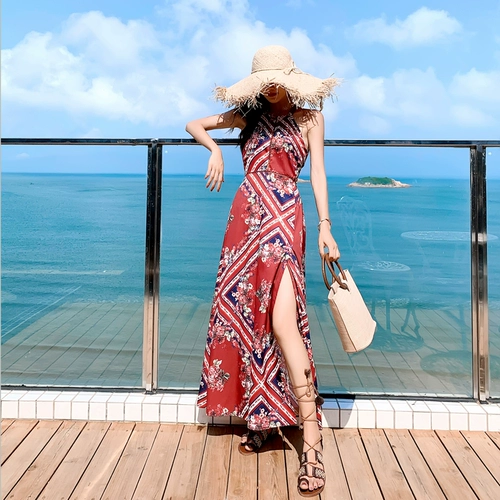 Ретро шифоновое сексуальное пляжное платье, длинная юбка, с открытой спиной