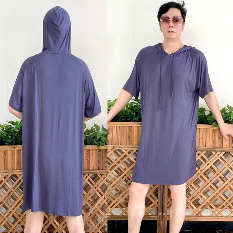 Spring and Summer Modal Stretch Comfortable Extended Short-Sleeved Hooded Men's T-Shirt Top Home Casual Bathrobe Nightgown