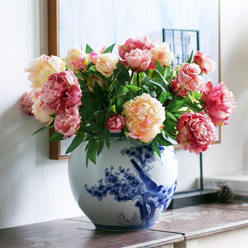 Jingdezhen ceramic furnishing articles double - sided hand - made painting of flowers and big blue and white porcelain vases, new Chinese style living room home furnishing articles porcelain