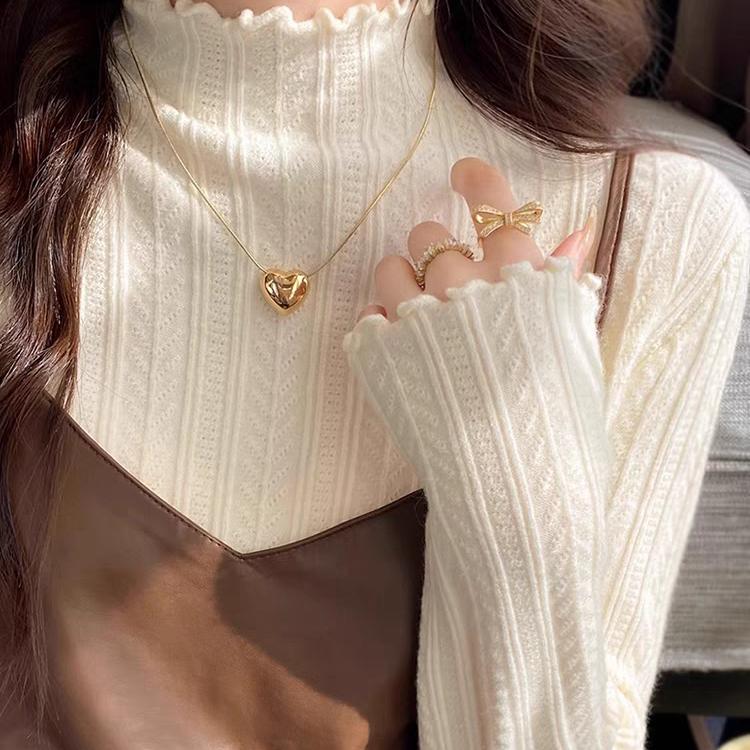White Base Shirt for Women, Autumn and Winter 2026 New Style, Elegant Half-High Collar Sweater with Ruffled Edges, Knitted Top