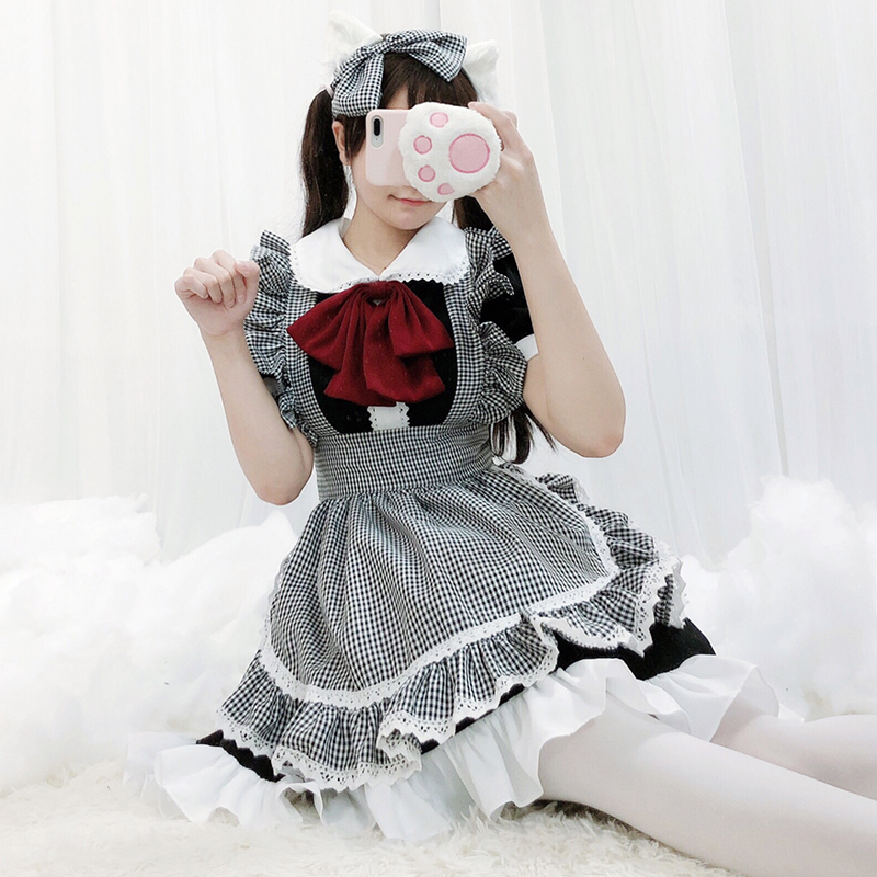 Black and white plaid maid Loli dress lolita Full set of maid clothes cute cute two yuan Japanese Lolita