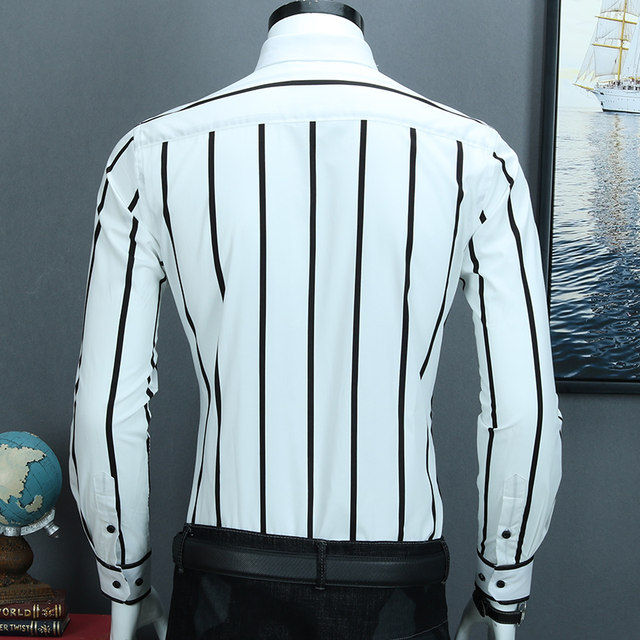 Black and white striped shirt men's long-sleeved Korean style slim spring cotton inch shirt business casual dad jacket shirt