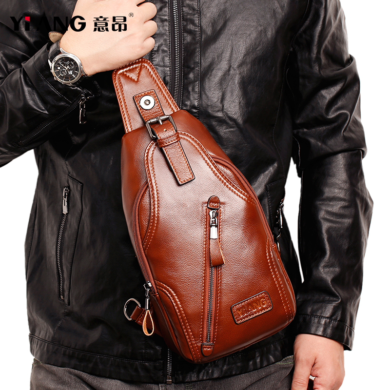 Genuine leather breast bag New fashion soft front layer cowhide mini shoulder bag outdoor cross-body bag pull chain buckle casual men's bag thin