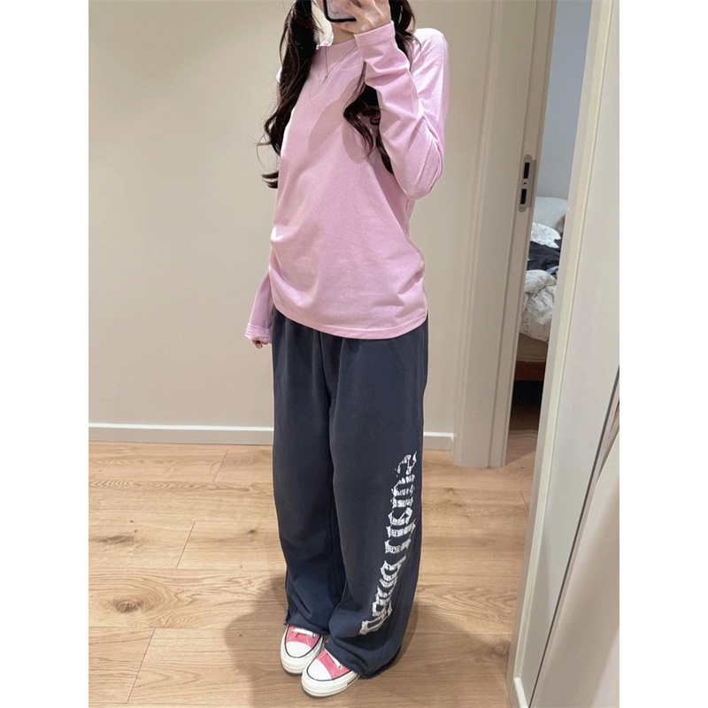 Korean Style Patchwork Pink Basic Long-Sleeve T-Shirt for Women, Early Autumn, Loose Fit, Slimming, Stylish, Versatile, Casual Top, Trendy