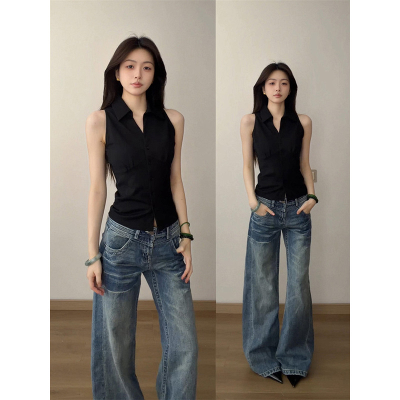 American Retro Patchwork Polo Collar Sleeveless Pullover Vest for Women, Summer Slim-Fit Design, Versatile Trendy Top