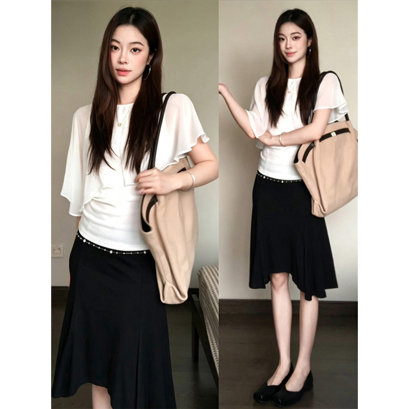 American-Style Patchwork Off-Shoulder Cape-Style Short-Sleeve T-Shirt for Women, Summer Slim-Fit Design, Versatile Casual Top, Trendy American-Style Patchwork Off-Shoulder Cape-Style Short-Sleeve T-Shirt for Women, Summer Slim-Fit Design, Versatile Casual Top, Trendy