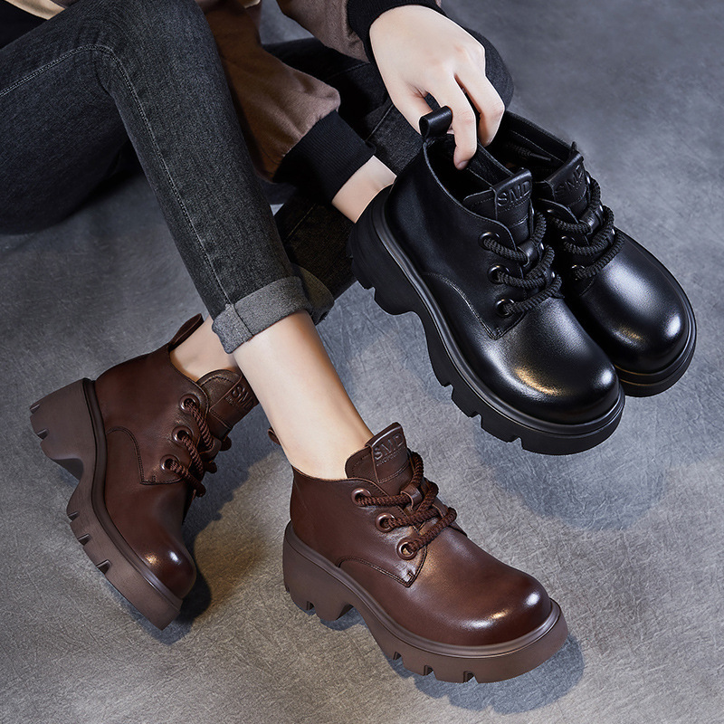 First-Layer Cowhide Mid-Top Women's Shoes 2026 Spring and Autumn New Thick-Soled Genuine Leather Lace-Up Short Boots British Retro Style Ankle Boots
