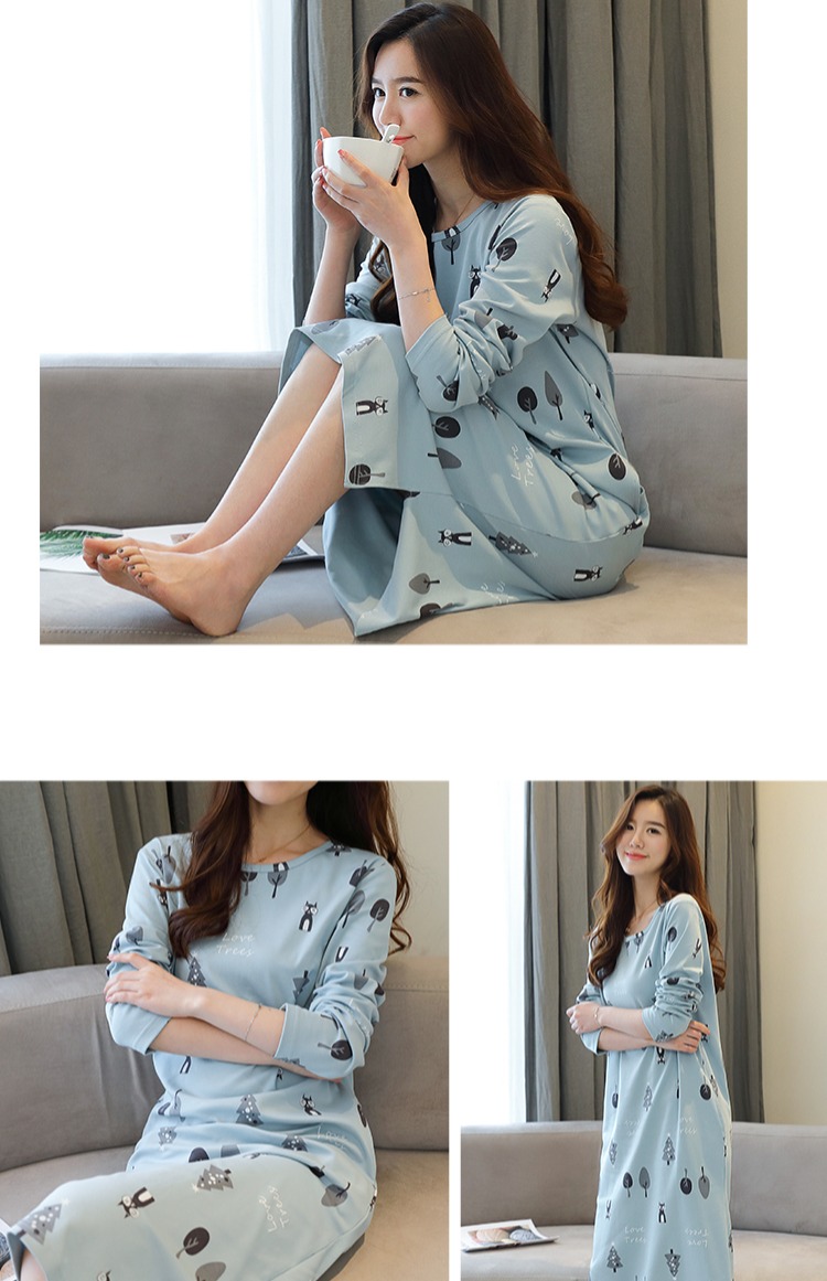 Váy ngủ nữ mùa thu cotton dài tay đồ ngủ nữ phiên bản Hàn Quốc của váy rộng kích thước lớn nữ sinh viên dài đầu gối váy ngủ váy ngủ lụa tơ tằm