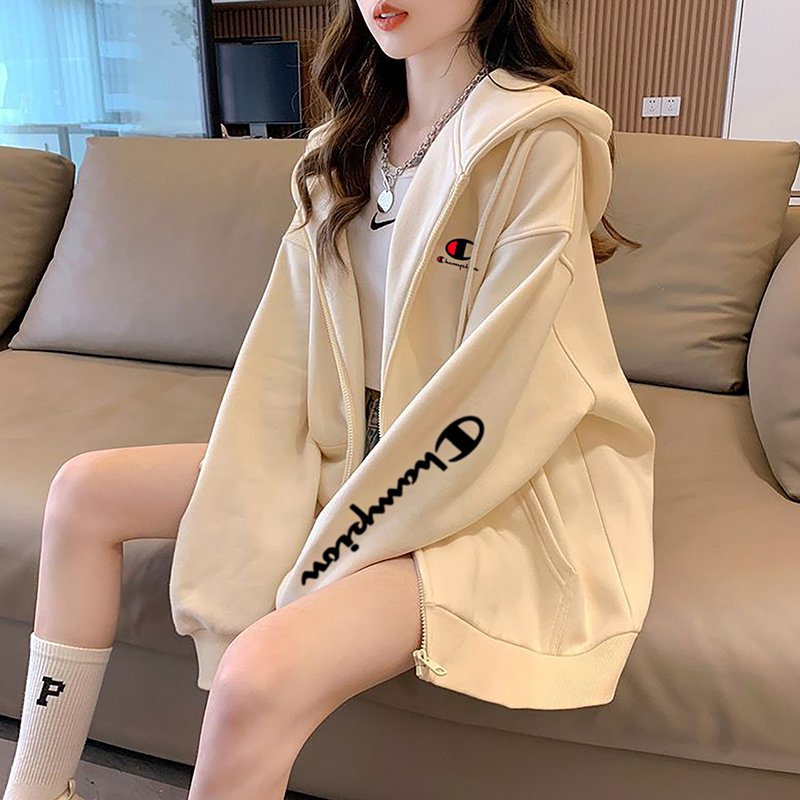 Japanese Style Champion Embroidered Zip-Up Hoodie for Women, Autumn and Winter Casual Loose Oversize Couple's Jacket for Men