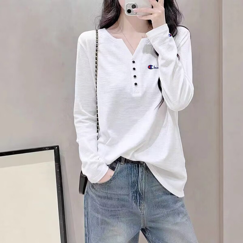 Japanese Version Champion Autumn and Winter New Pure Cotton Long-Sleeve Embroidered T-Shirt, Slimming V-Neck Fashionable Student Top, Base Layer Shirt