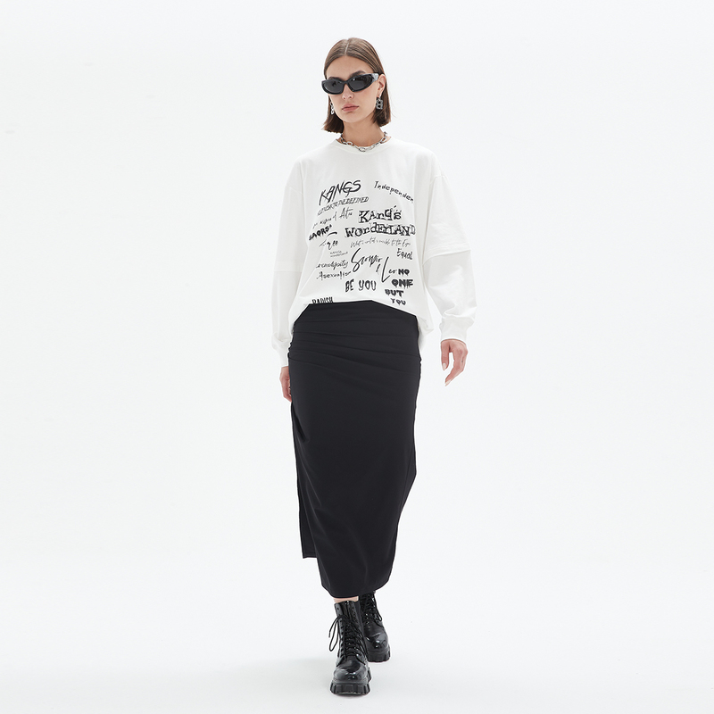 [Celebrity Style] Kangswonderland American Light Luxury Fake Two-Piece Printed Signature Style Couple Long Sleeve