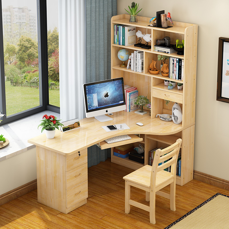 Solid Wood Corner Computer Table Home Desk Bookshelf Combination