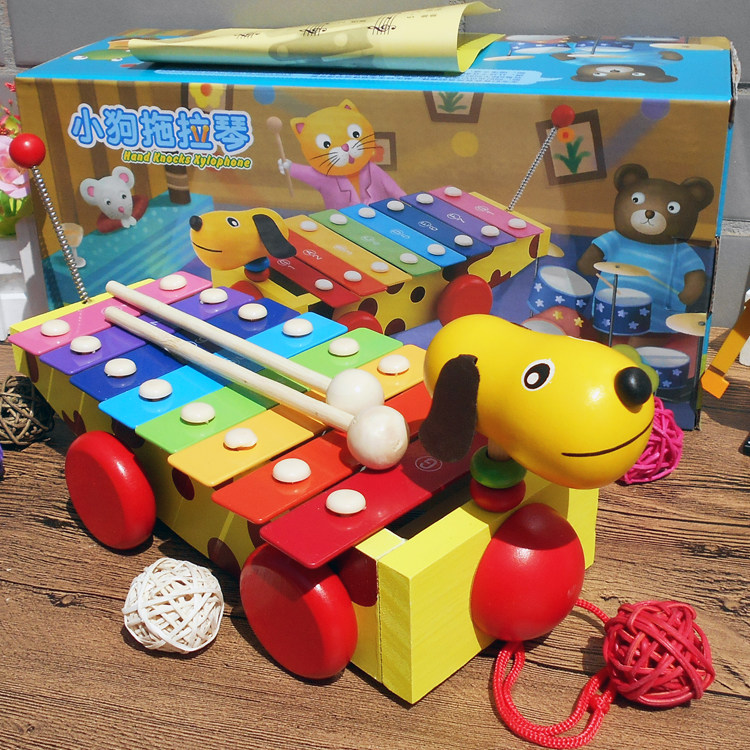 1-3-6-year-old kindergarten children's gifts wooden quality puzzle force early teaching toy tugs to knock on a small yellow dog