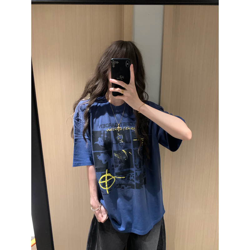 Yinlian American Rock Band Washed Vintage Short-Sleeve T-Shirt for Men and Women Casual Vintage Top Trendy