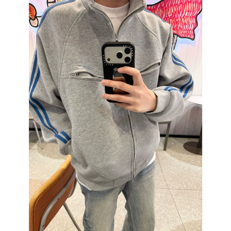 American High Street Style Gray Double-Zip Pocket Sweatshirt for Men, Autumn 2026 New Loose-Fitting Couple's Cardigan Jacket