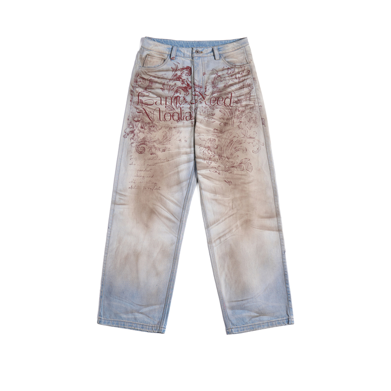 【Lnm】Lame Need Moola Floral Letter Street Style Low-Rise Sagging Distressed Jeans