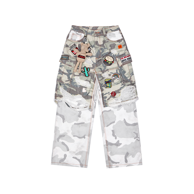 【Lnm】Lame Need Moola Camouflage Patchwork Distressed Washed Patch Embroidery Work Pants