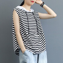 Sweat waver shoulder women sleeveless hooded size waistcoat literature 2020 summer dress new stripes Joker casual loose T-shirt