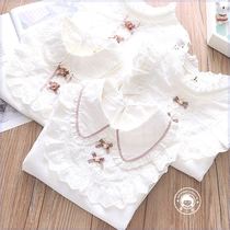Korean girls cotton stretch princess shirt childrens stand-up collar large lace stretch flower long-sleeved T-shirt girls shirt