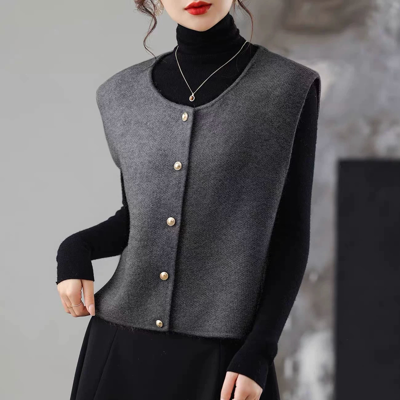 Ordos City Wool Cardigan Vest for Women, New Autumn Round-Neck Sleeveless Sweater Outerwear