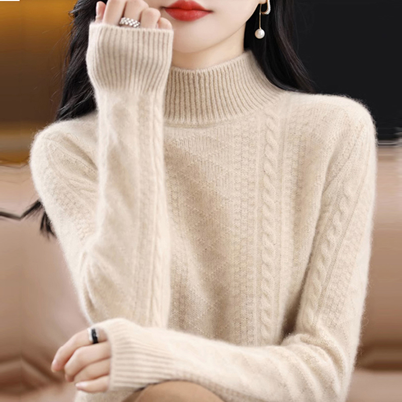Ordos City Wool Sweater for Women, Half-Turtleneck Sweater, New Autumn and Winter Style, 100% Solid Color, Thick Knitted Base Layer Ordos City Wool Sweater for Women, Half-Turtleneck Sweater, New Autumn and Winter Style, 100% Solid Color, Thick Knitted Base Layer