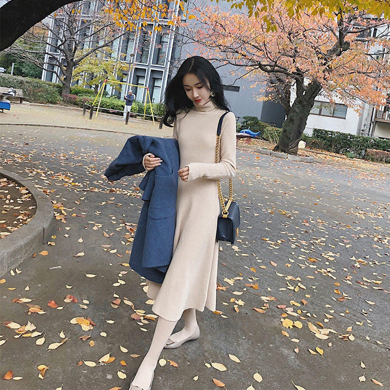 2021 autumn and winter new bottomed women's high neck long version over the knee net red lazy wind sweater dress outside