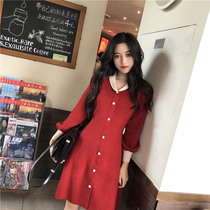 2021 new womens Fast-style Mountain This small crowdsourced retro knitted one-piece dress red ultra-fairy first love knitted balloon skirt