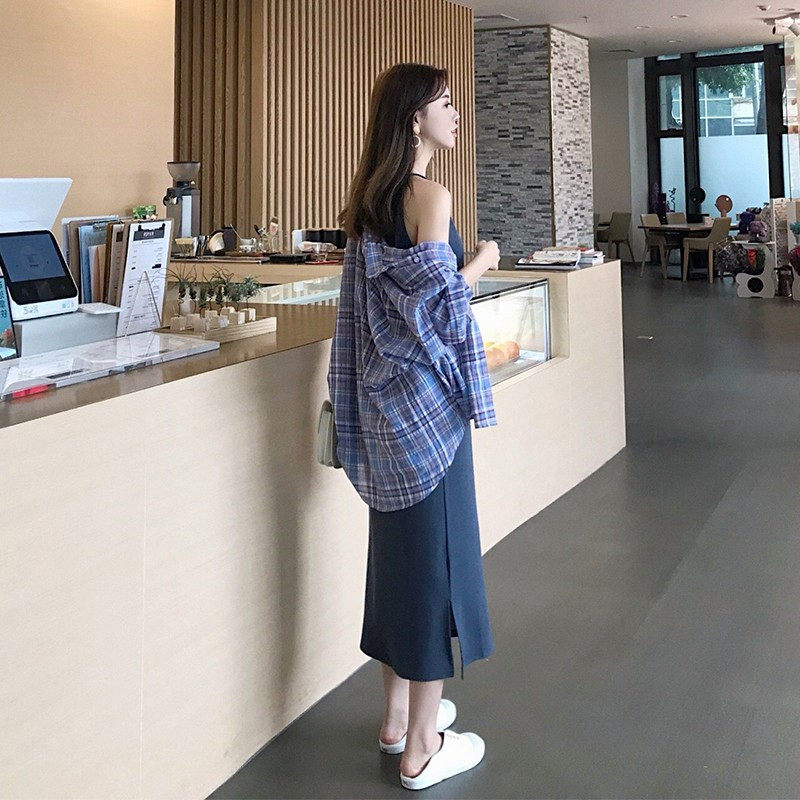 Early spring 2019 new summer French style over the knee is very fairy popular suspenders retro female French niche skirt two-piece suit