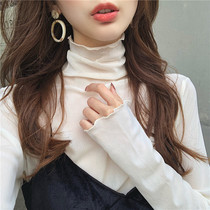 Early autumn female blouses ins 100 hitch retro high collar pure color Neyhitch bottom shirt Long sleeves Spring and autumn ocean Korean version online red