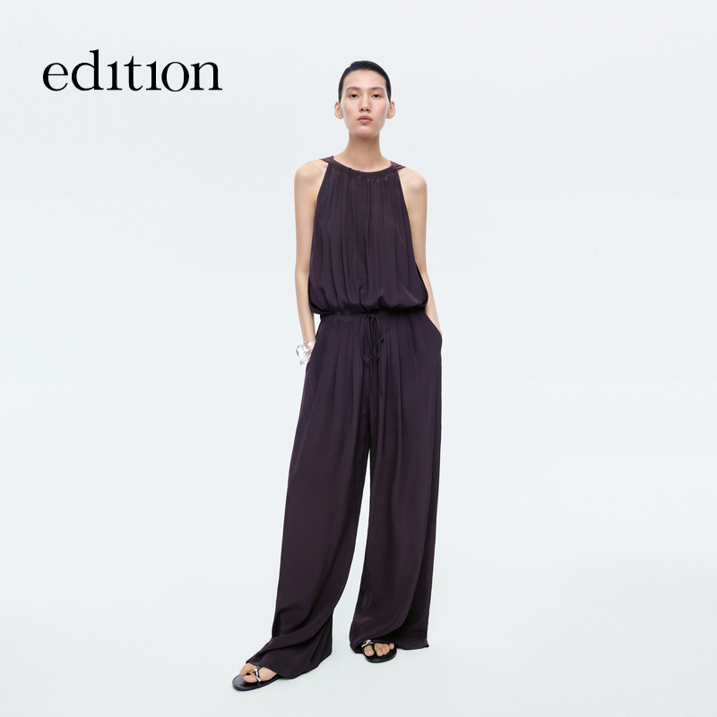 Edition Jumpsuit for Women 2026 Summer New Style Shoulder-Cut Sleeveless Waist-Cinching Silk-Blend Wide-Leg Pants Ebf2Jps002