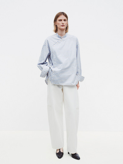 Edition Women's Shirt 2026 Spring New Style New Chinese Style Blue Plaid Long-Sleeved Shirt Ebf1Sht007