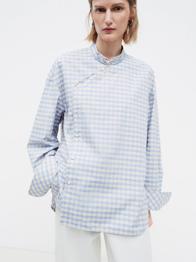 Edition Women's Shirt 2026 Spring New Style New Chinese Style Blue Plaid Long-Sleeved Shirt Ebf1Sht007