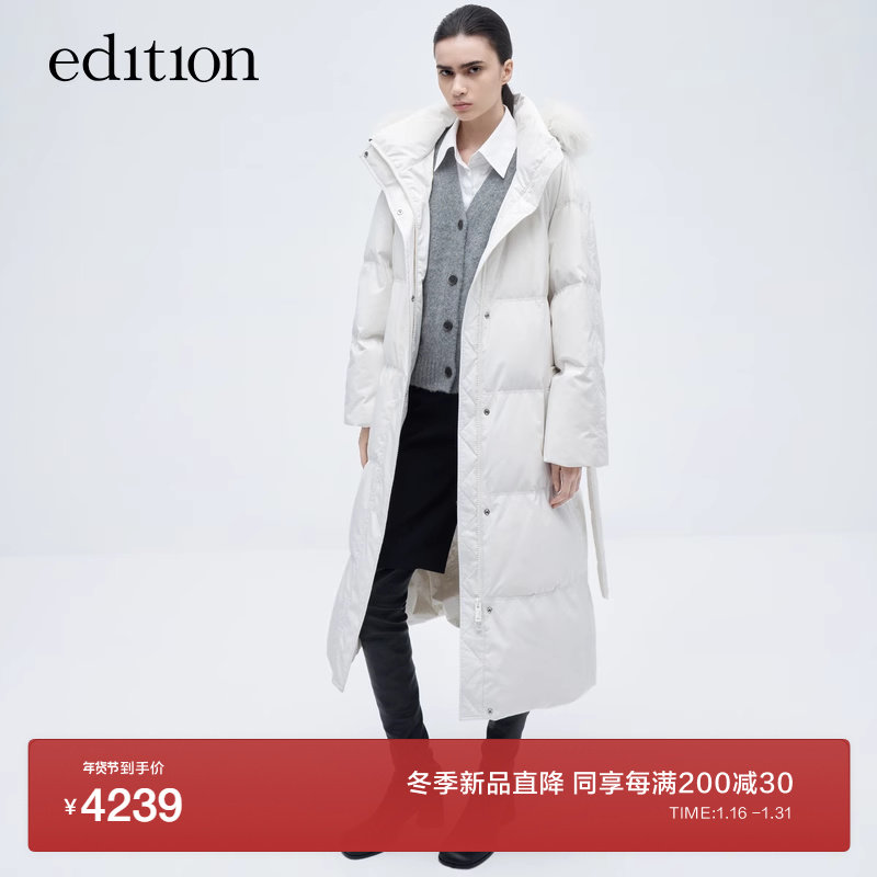 eCondition down jacket woman 2023 winter new big fur collar with cap long section light and warm goose down with EBC4EIN025-Taobao