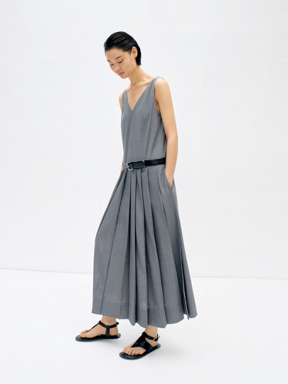 Edition Dress Women's Summer New Style Sleeveless V-Neck Suit Pleated Skirt with Belt Ebd2Drs078