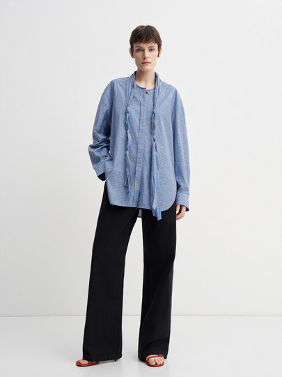 Edition Shirt Women's 2025 Spring New Style Blue and White Plaid Flutter Collar French Shirt Ebe1Top047