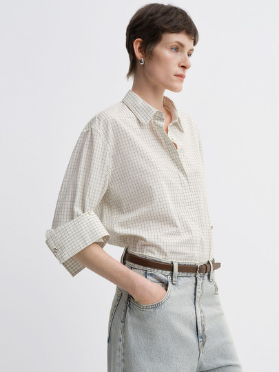 Edition Shirt Women's 2025 Autum New Unisex Style Black and White Fine Plaid Cotton Shirt Ebe3Sht011