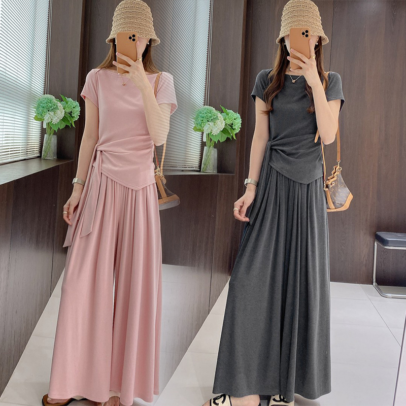Fashionable Women's Suit 2026 Summer New Stylish Loose Design Tie-Up T-Shirt Wide-Leg Pants Skirt Two-Piece Set Trendy