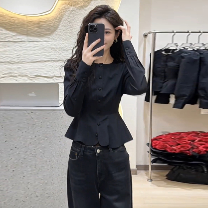 Black Puff Sleeve Long-Sleeve Shirt for Women, 2026 Spring New Style, Chic Minimalist Slim-Fit Waist-Cinching Blouse Top, Trendy Black Puff Sleeve Long-Sleeve Shirt for Women, 2026 Spring New Style, Chic Minimalist Slim-Fit Waist-Cinching Blouse Top, Trendy
